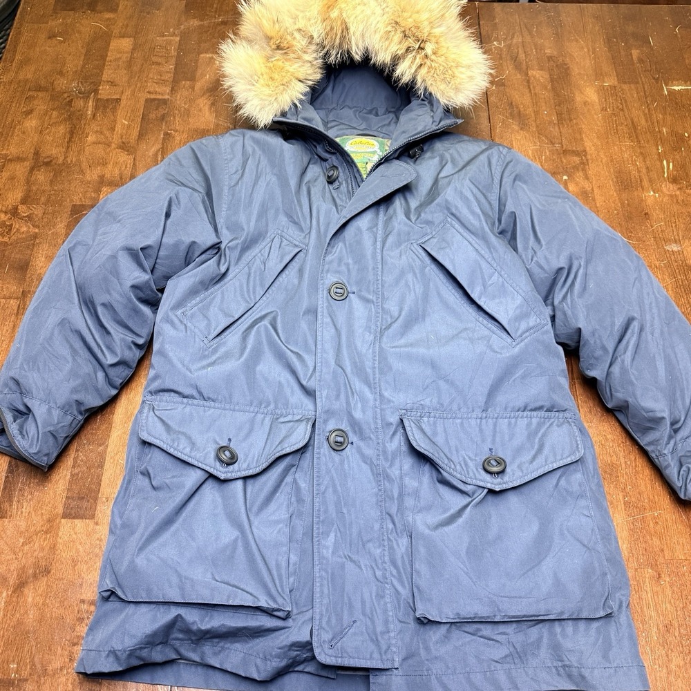 Vtg Cabelas Premier Northern Goose Down Jacket Mens M‎ Blue Parka Coyote Hood